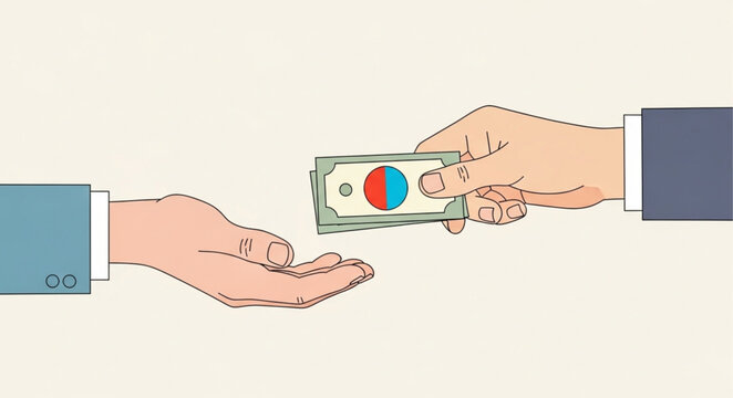 Hand exchanging money for goods or services concept.