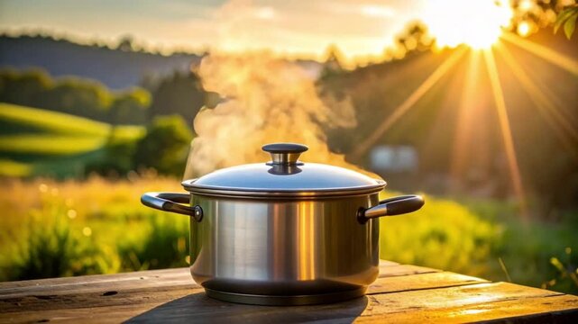 Steaming Pot on Wooden Table Outdoors with Golden Sunset Light
