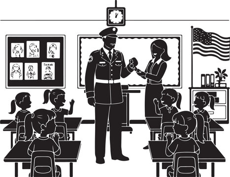 Police officer visiting a classroom with teacher and students silhouette, Generative Ai