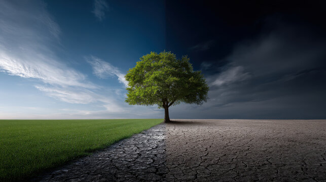 Surreal landscape climate change lone tree green grass dry cracked earth drought environment contrast nature hope surreal landscape climate change with lone tree between green grass and dry