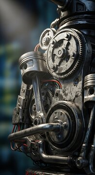 Intricate mechanical assembly showcases pistons and rotating gears within a complex machine