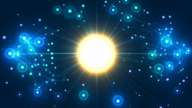 Bright solar flare emanates from center, connecting to blue nodes and orbits