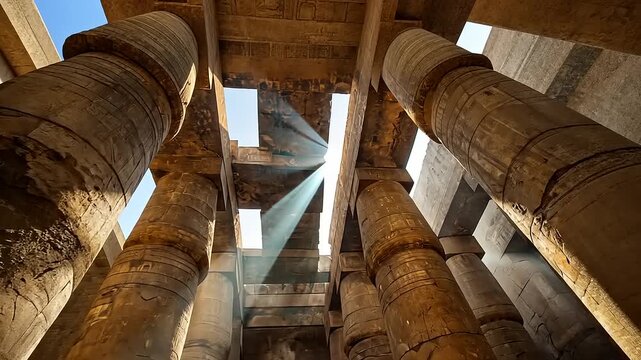 Ancient Temple Columns and Sunbeams: A View of the Karnak Temple Hypostyle Hall in Luxor