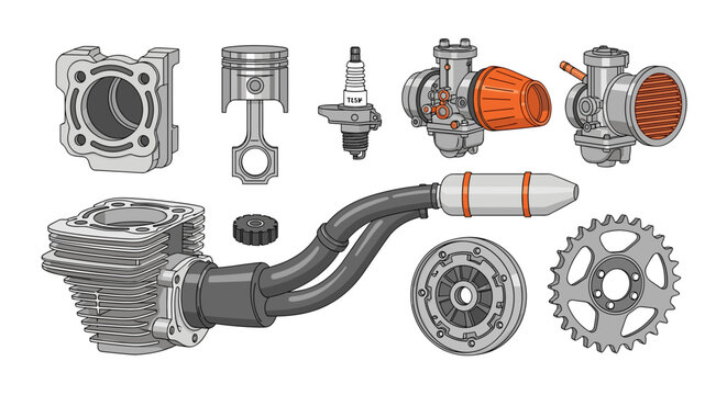 Detailed Motorcycle Engine Tuning Parts and Dual Exhaust Vector