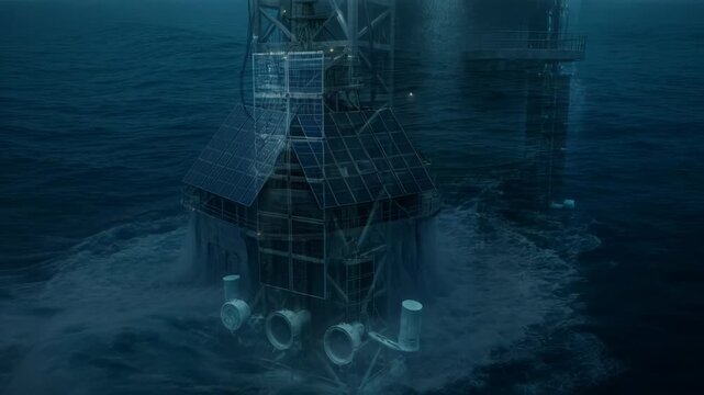 A lone, multi-level structure with solar panels navigates rough, dark ocean waves