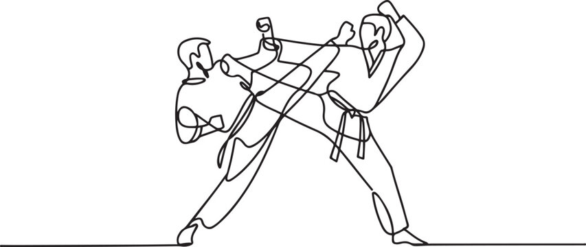 two people close combat karate taekwondo aikido fight practice sport. one line art icon drawing vector