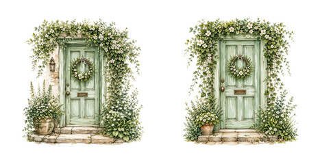 A charming watercolor set of cottage front doors featuring rustic green wooden doors with floral wreaths climbing vines and white blossoms illustrated in a natural cottage style. © liana