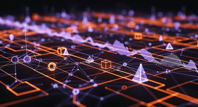 Glowing digital network structure displays complex data flow and abstract geometric shapes