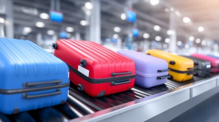 Fototapeta premium Colorful Suitcases on Conveyor Belt System at Airport Baggage Handling Area