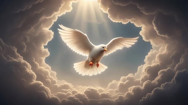 Dove flying through clouds divine light peace hope spirituality.