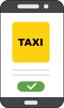 Vector illustration of a smartphone screen displaying a taxi booking app interface. It represents online ride-hailing services, mobile transportation apps, and digital booking concepts.