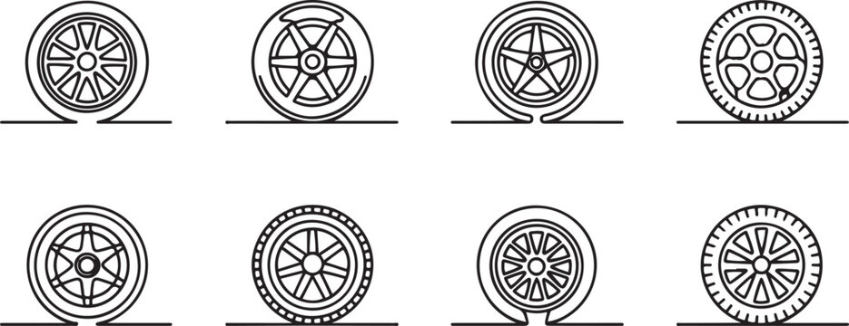 car wheel tire store advertisement set nobody. one line art icon drawing vector