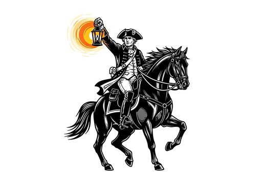 American colonial patriot riding horse and holding glowing lantern