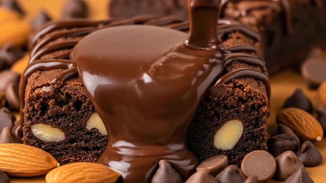 Close-up of a rich chocolate cake topped with smooth melted chocolate drizzle and filled with crunchy almonds. Delicious dessert concept with warm tones and detailed texture