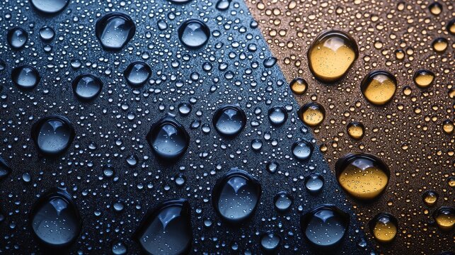 Droplet sliding coated surface dual hydrophobic hydrophilic sections water beading contrasting behaviors boundaries macro close-up industrial coating technology