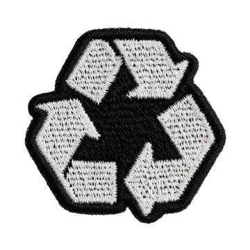 Black and White Paper Cutout of Recycling Symbol - Embroidered Patch Style Isolated on Transparent Background (PNG)