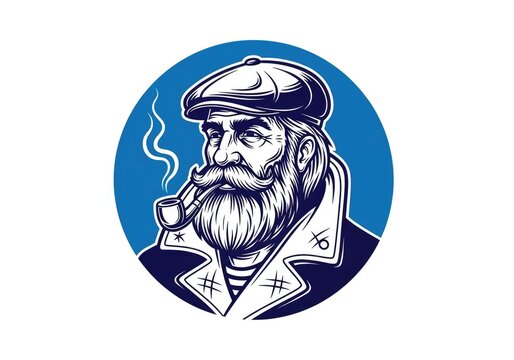 Bearded old sailor smoking pipe in circular vector frame