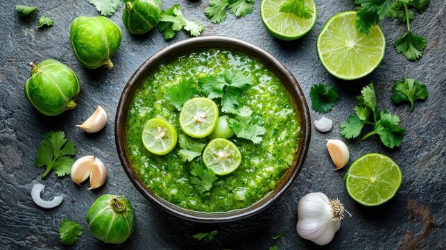 Salsa verde fresh Mexican green sauce with lime slices and cilantro garnish in ceramic bowl, surrounded by tomatillos, fresh herbs, garlic and lime halves on slate surface