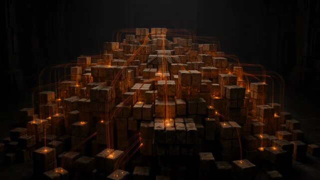 Textured cubes form a complex, illuminated structure connected by thin orange lines