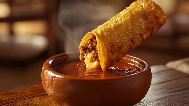 Birria tacos consomme premium Mexican dish with crispy golden tortilla and melted cheese dipped in rich spiced broth served in traditional clay bowl