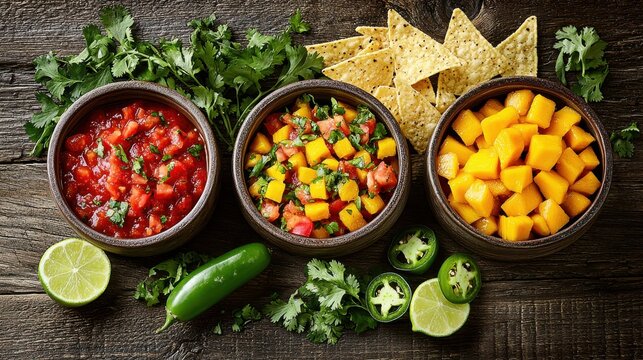 Premium salsa trio featuring vibrant red tomato, colorful mango medley, and golden mango chunks in rustic ceramic bowls with fresh cilantro, lime wedges, and tortilla chips