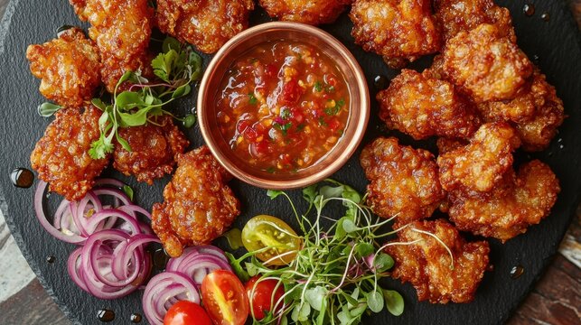 Crispy chicharron golden pork rinds platter with spicy salsa, pickled red onions, cherry tomatoes and microgreens on dark slate, premium Mexican restaurant appetizer