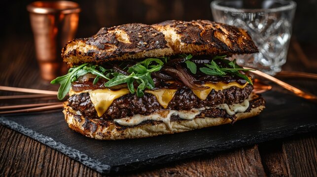 Gourmet burger with artisan sourdough bun, double beef patties, melted cheese, caramelized onions and fresh arugula on slate board in premium restaurant setting