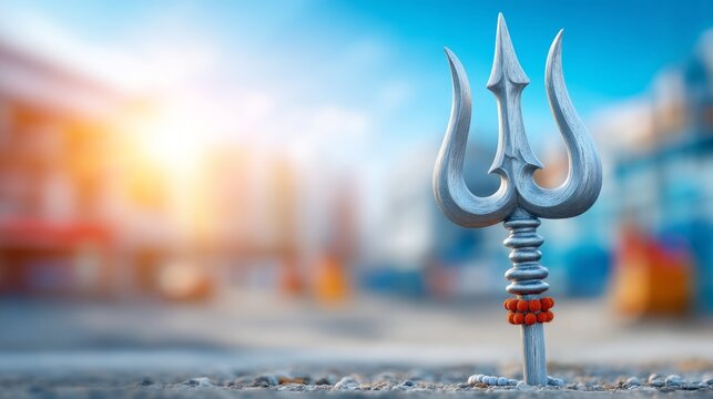 Single Trident Standing Upright on Open Ground with Blurred Background