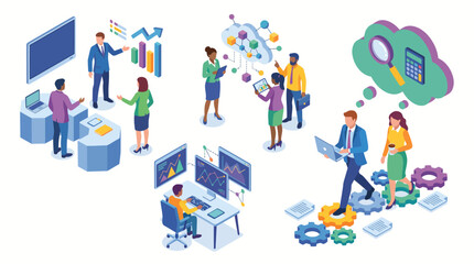 Fototapeta premium Isometric Business People Working in Data Analysis and Technology Environment.