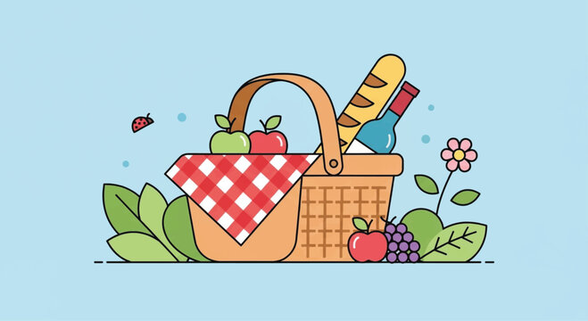 Colorful picnic basket, outdoor food, summer illustration, vector graphics