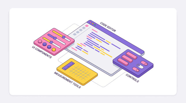 Isometric illustration of web development and coding tools.
