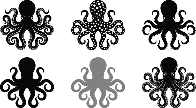 Octopus silhouette and decorative illustration set with detailed tentacle designs in black vector style