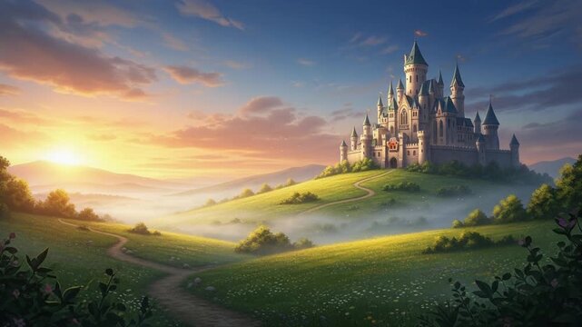 Fairytale Castle Sunrise Landscape Fantasy Kingdom Magical Morning.