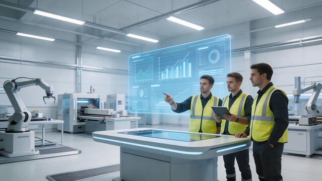 Three engineers in hightech lab with robotic arm