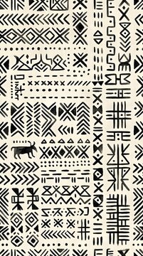 A visually captivating seamless pattern inspired by traditional african mud cloth textile art, featuring a rich array of hand-drawn black abstract geometric shapes, tribal symbols, and ethnic motifs.