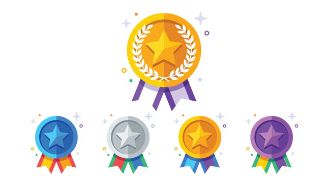 Set of vector award medals and badges with stars and ribbons for achievement success and competition ranking recognition