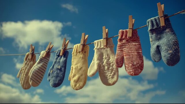 Colorful knitted mittens hanging and drying on clothesline under blue sky