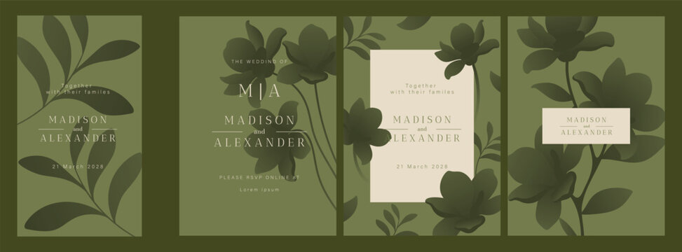 Green Luxury Wedding Invitation set,  invite thank you, rsvp modern card Design in line art leaf greenery branches  decorative Vector elegant rustic  plus social media template 