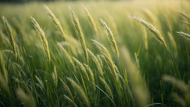 Paisaje de campa verde con c&eacute;sped, trigo, cebada y centeno, espigas de cereal en verano y primavera, en dehesa y chacras agr&iacute;colas con ciclos de cosecha y naturaleza nativa
