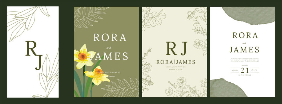 green Luxury Wedding Invitation set,  invite thank you, rsvp modern card Design in line art leaf greenery branches  decorative Vector elegant rustic  plus social media template 