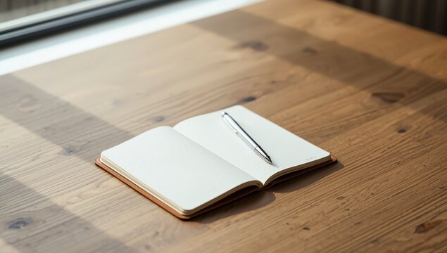 Open blank notebook and books on office desk with pens calendar organizer and papers for studying work and note taking