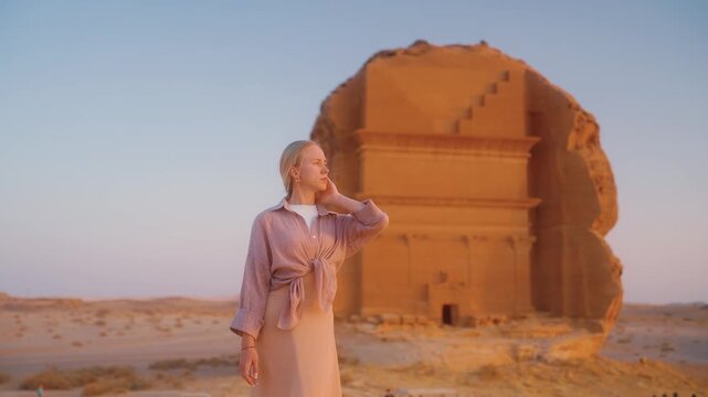 Tourist discovers Saudi Arabia, visiting Hegra historical tombs in AlUla. Woman is traveling in Arabic desert.