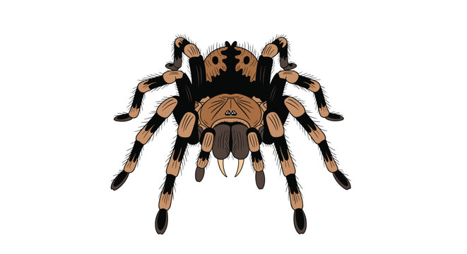 A realistic illustration of a large tarantula spider with brown and black striped legs, a detailed face, and exposed fangs.