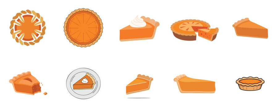 Pumpkin Pie Icons Set Sweet Dessert Slice Collection Flat Vector Illustration Design