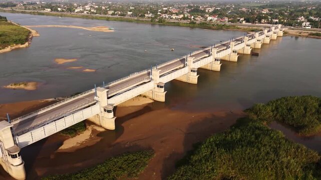 Aerial Drone Footage Tra Khuc River Barrage Hydraulic Gate System Wide River Near Quang Ngai Vietnam