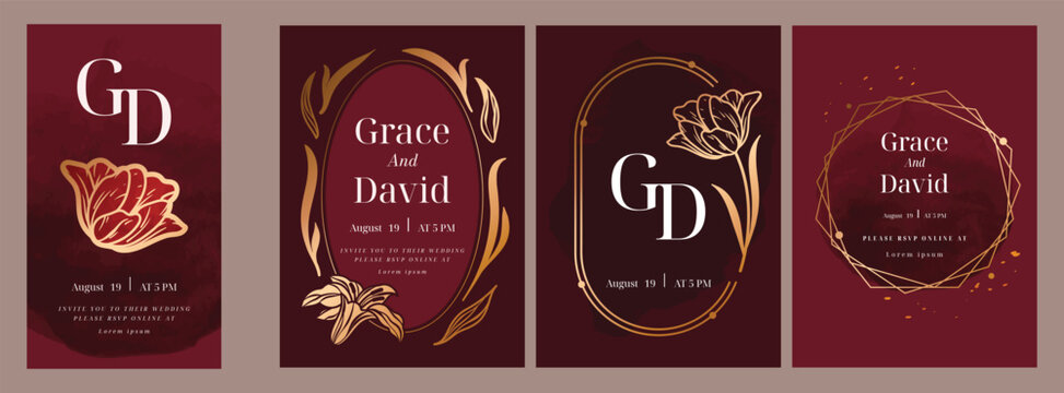 Red Luxury Wedding Invitation set,  invite thank you, rsvp modern card Design in line art leaf greenery branches  decorative Vector elegant rustic  plus social media template 