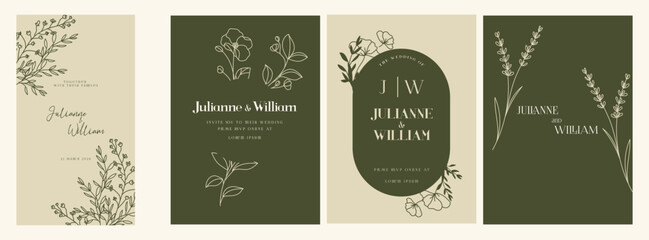 Fototapeta na wymiar Green Luxury Wedding Invitation set, invite thank you, rsvp modern card Design inleaf greenery branches decorative Vector elegant rustic plus social media template 