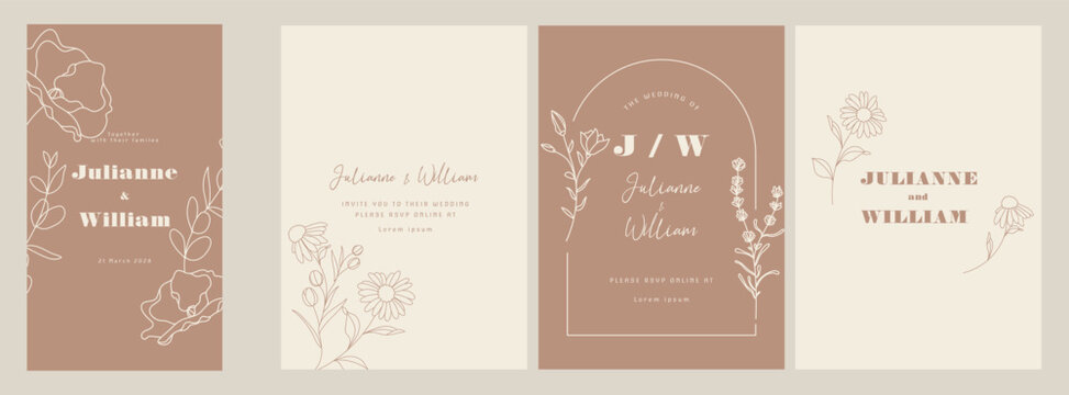 Pastel Luxury Wedding Invitation set,  invite thank you, rsvp modern card Design in line art leaf greenery branches  decorative Vector elegant rustic  plus social media template 