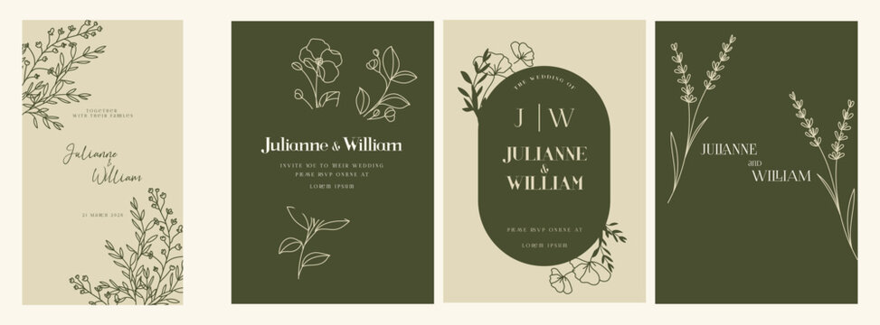 Green Luxury Wedding Invitation set,  invite thank you, rsvp modern card Design inleaf greenery branches  decorative Vector elegant rustic plus social media template 