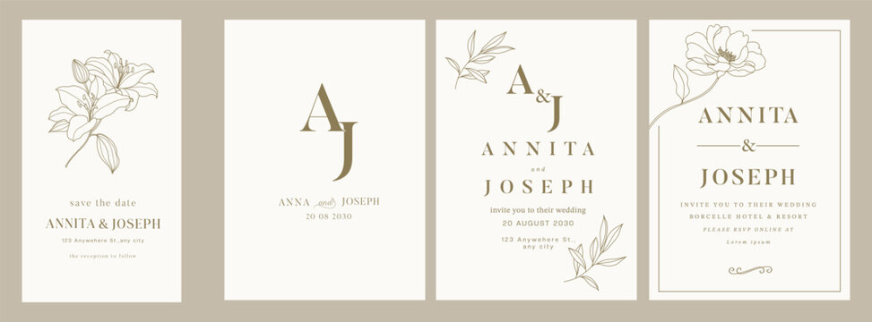 White Luxury Wedding Invitation set,  invite thank you, rsvp modern card Design in gold leaf greenery branches  decorative Vector elegant rustic plus social media template 